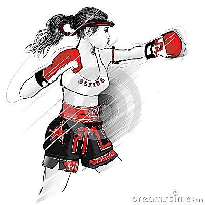 Thai boxing, woman fighting Vector Illustration