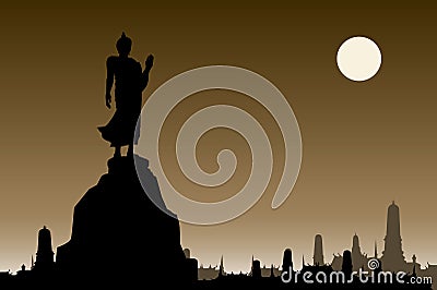 Thai buddha silhouette on sepia background and Thai temple.vector illustration Cartoon Illustration