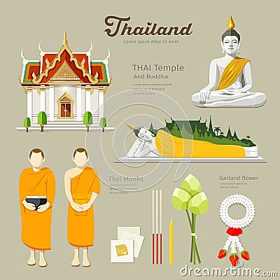 Thai Buddha and Temple with monks of Thailand Vector Illustration