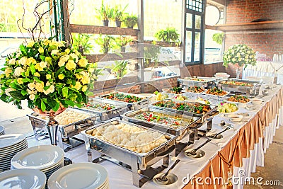 Thai buffet dinner at the beautifully arranged wedding Stock Photo