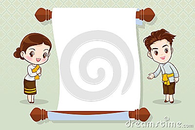 Thai cartoon character in traditional costume presenter Sawasdee and welcome Vector Illustration