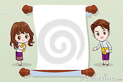 Thai cartoon character in traditional costume presenter Sawasdee and welcome 2 Vector Illustration