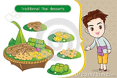 Thai character traditional costume Sawasdee and welcome presenting traditional thai dessert set Vector Illustration