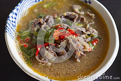 Thai Cuisine , Tom Sab Isaan Soup or Thai Clear Spicy Hot and Sour Soup with Beef Stock Photo