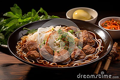 Thai culinary delight Braised pork noodles with pork balls soup Stock Photo