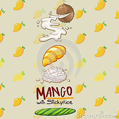 Thai dessert mango with sticky rice Vector Illustration