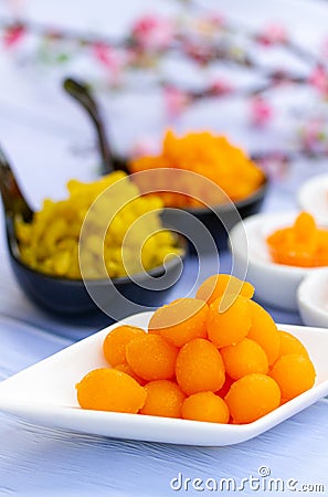 Thai desserts. Tong Yord Round Egg Yolk Tart Stock Photo