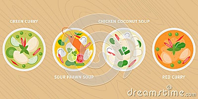 Thai dish, green curry, hot and sour prawn soup, chicken in coconut milk soup, red curry Vector Illustration