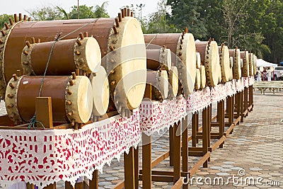 Thai drums musical instrument antique Only in the North of Thailand, called Klong Puja or Puja Drum lanna set. Editorial Stock Photo