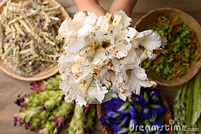 Thai edible flowers from organic local farmers market in Northern of Thailand Stock Photo