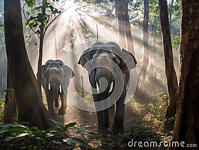 Thai elephants in the forest. Generative Ai Stock Photo