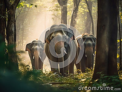 Thai elephants in the forest. Generative Ai Stock Photo