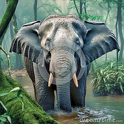 Thai elephants walking in streams, forests of Asia Stock Photo