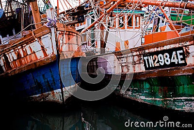 Thai Fishing Boats are Parked at the Southern Port of Thailand. Editorial Stock Photo