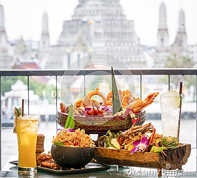 Thai food with Arun temple background Stock Photo