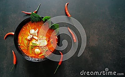 Thai food background concept. Dish of Thailand cuisine. top view of Tom yum soup Stock Photo