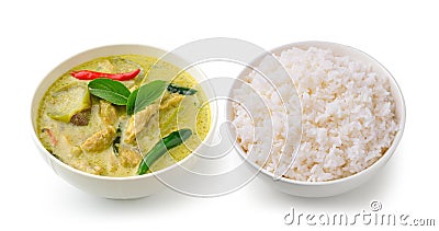 Thai food chicken green curry in the white bowl and rice Stock Photo