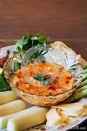 Thai food on dinner table, Nam Prik Khai Poo - Chili crab spicy Stock Photo