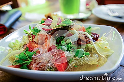 Thai food : Glass Noodle,seafood,Nut Spicy Salad (Yum Woon Sen) Stock Photo