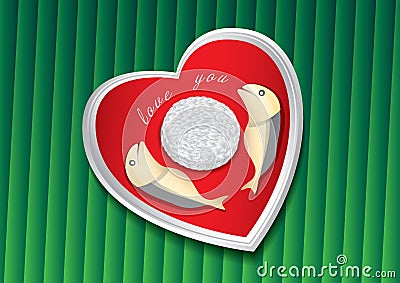 Thai food on green banana leaf vector illustration. Fried mackerel and rice on a heart shaped plate. concept love Vector Illustration