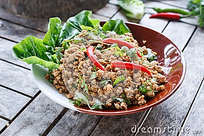 Thai food Ground pork salad or Spicy minced pork salad Stock Photo