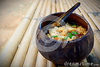 Noodles in a bowl made from coconut shells. Stock Photo