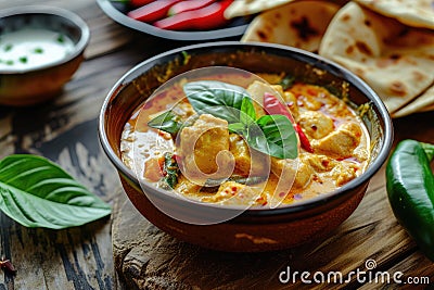 Thai food panang curry served with crispy roti Stock Photo