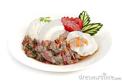 Thai food stir-fried beef spicy and basil served with rice Stock Photo