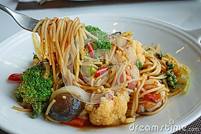 Thai food style Spaghetti Pad Kee Mao, Stock Photo