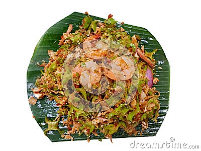 Thai food style, Top view of Spicy Winged bean salad with shrimp on banana leaves Stock Photo