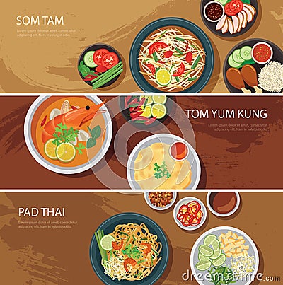 Thai food web banner flat design.som tam, tom yum kung,pad thai Vector Illustration