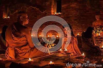 Thai girl in Thai traditional costume in Temple Editorial Stock Photo