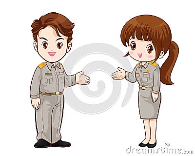 Thai government officers uniform couple cartoon character Vector Illustration