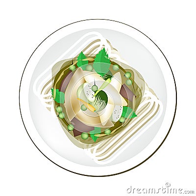 Thai Green Curry with Fish Balls Served on Rice Vermicelli Vector Illustration