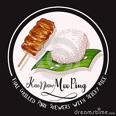 Thai grilled pork skewers with sticky rice Vector Illustration