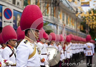 Thai guardsman band marching on the King of Thai monk, patriarch's funeral day Editorial Stock Photo
