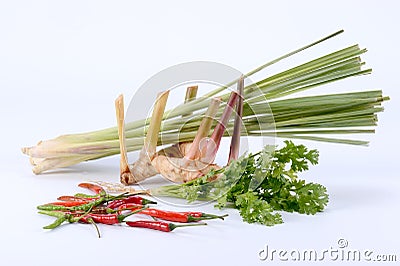 Thai herb and spice ingredients for asian food on white background ( Galangal, lemongrass, coriander, chili ) Stock Photo