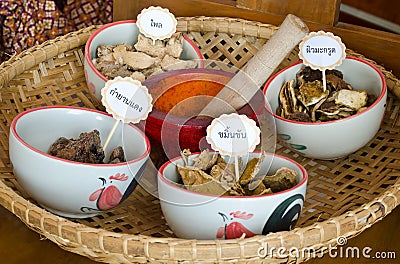 Thai herbal medicine in bamboo basket Stock Photo