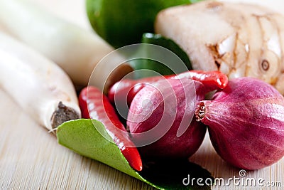 Thai ingredients, galangal, lime and chili Stock Photo