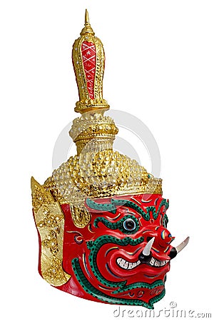 Thai khon red Giant mask Called Thao wastsuwan, Giant head adloussopy of Headed giant Ravana, Udorn Guardian, Guardians of Buddhi Stock Photo