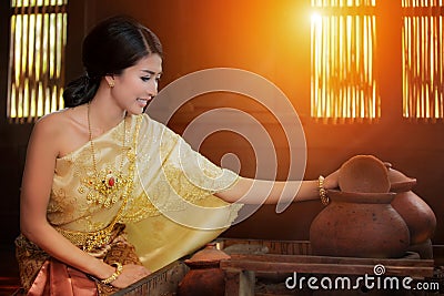 Thai lady cooking with original Thai style Stock Photo