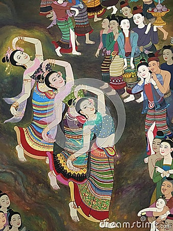 Thai lady mural wall painting at Phumin Temple, Nan, Thailand Editorial Stock Photo