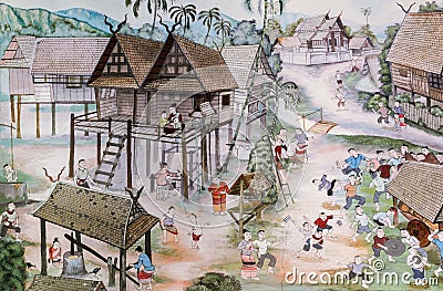 Thai Lanna mural painting of Thai people life in the past on temple wall in Chiang Mai, Thailand Editorial Stock Photo