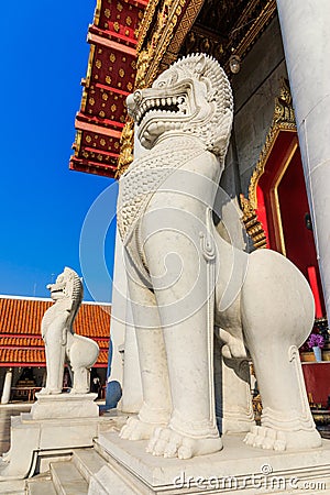 Thai Lion Marble at Wat Benchamabopit Dusitvanaram Stock Photo