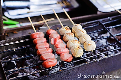 Thai meat ball and sausage with bamboo stick Stock Photo