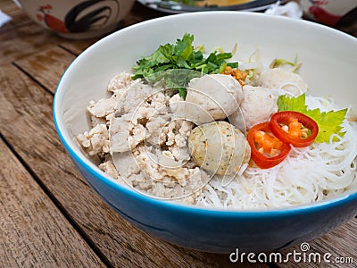 Thai minced chicken noodle with rice vermicelli and chicken balls Stock Photo