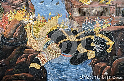 Thai Mural fresco of Ramakien epic at the Grand Palace in Bangkok, Thailand Editorial Stock Photo