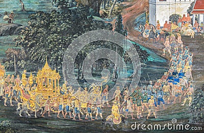 Thai Mural fresco of Ramakien epic at the Grand Palace in Bangkok, Thailand Editorial Stock Photo