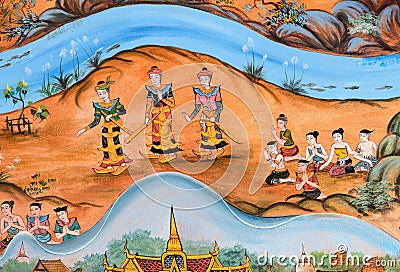 Thai mural painting of Thai Lanna life in the past Stock Photo