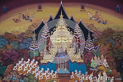 Thai Mural Painting on the wall, Wat Pho, Bangkok, Thailand Stock Photo